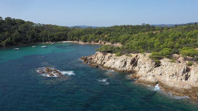 Aerial view of Cap Leoube and estagnol beach located near Bormes les mimosas in Var department, south of France