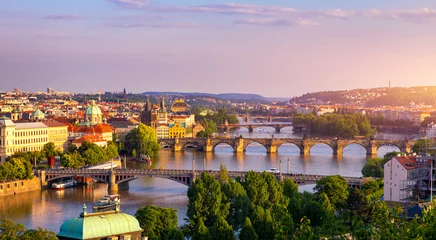 Foto op Plexiglas Charles Bridge, Prague, Czech Republic. Charles Bridge (Karluv Most) and Old Town Bridge Tower at sunset. Famous iconic image of Charles bridge. Concept of sightseeing and tourism. Czechia © daliu