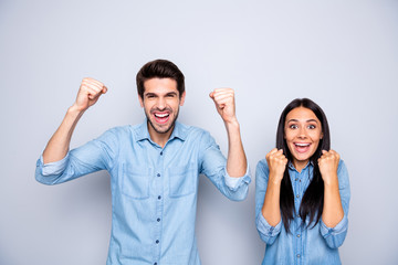 Photo of charming cheerful nice cute fascinating couple of two people trendy wearing jeans denim...