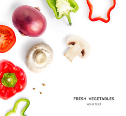 Creative layout made of tomato, red and green pepper, onion and mushroom champignon. Flat lay. Food concept.
