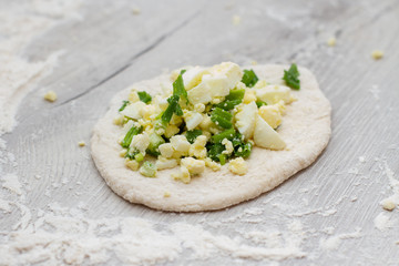 filling for a pies on a baking sheet with flour