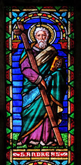 Saint Andrew the Apostle, stained glass window in the San Michele in Foro church in Lucca, Tuscany, Italy
