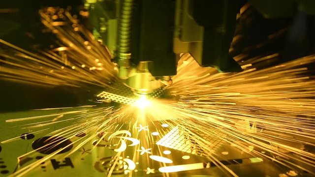 Gas plasma cutting. Metal machining with sparks on CNC maching