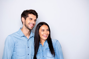 Obraz na płótnie Canvas Close-up portrait of his he her she nice attractive charming cute lovely cheerful cheery glad couple wearing casual looking aside isolated over light white gray pastel color background