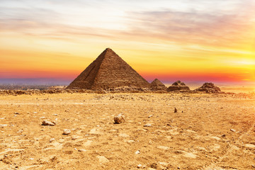 The Pyramid or Menkaure and the Pyramids of the queens at sunset, Giza, Egypt