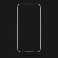 Isolated cell phone mockup. Vector mobile phone frame. User interface design. Golden phone mockup on the dark background.