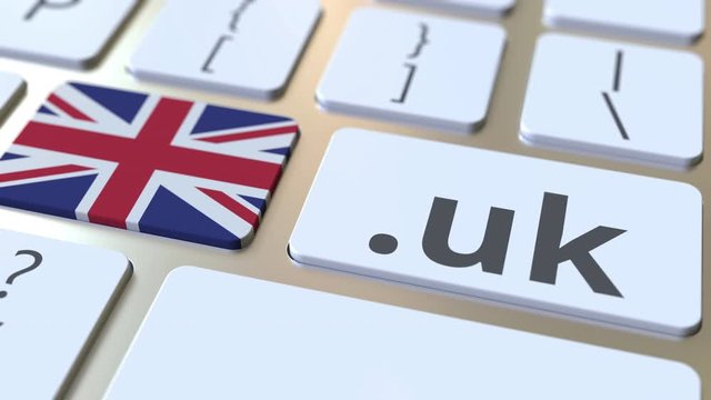 British domain .uk and flag of the UK on the buttons on the computer keyboard. National internet related 3D animation