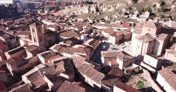 Aerial view of medieval Spanish town of Daroca with Parochial Basilica of Santa Maria de los Corporales