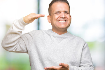 Middle age arab man wearing sport sweatshirt over isolated background gesturing with hands showing big and large size sign, measure symbol. Smiling looking at the camera. Measuring concept.