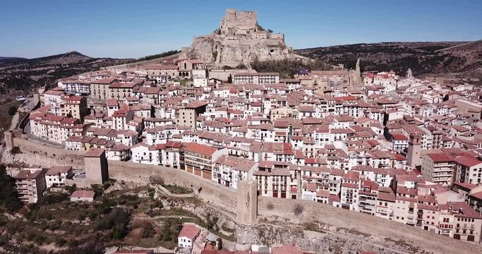 Aerial view of impregnable fortress in medieval village Morella, Spain