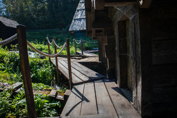 Old small wooden water mills called Mlincici by the Pliva lakes near the Jajce town in Bosnia and Herzegovina