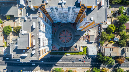Obraz premium Top view on the roof waterproofing and infrastructure one of new modern residential building complex, in Odessa close to the Central Train Station, Ukraine, August 2019.