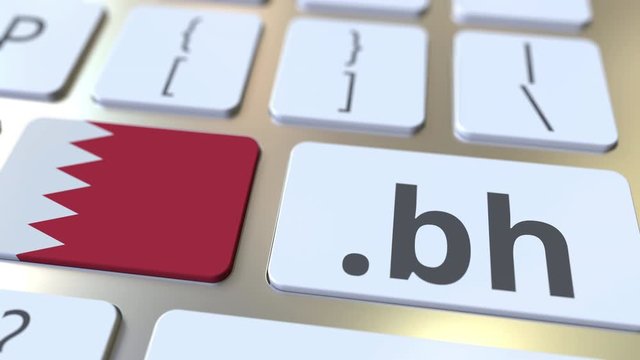 Bahraini domain .bh and flag of Bahrain on the buttons on the computer keyboard. National internet related 3D animation