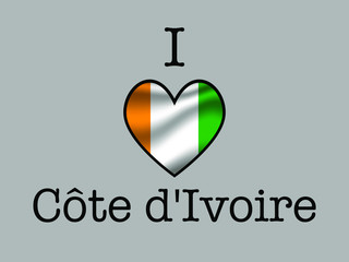 Cote d'Ivoire  National flag inside Big heart and meaning i LOVE. Original color and proportion. vector illustration,  set. Isolated on gray background