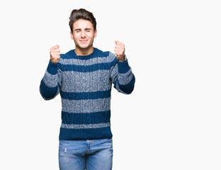 Naklejka premium Young handsome man over isolated background excited for success with arms raised celebrating victory smiling. Winner concept.