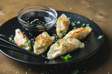 Asian fried dumplings with soy sauce