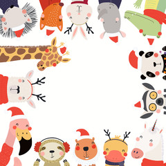 Fototapeta premium Christmas, New Year frame with cute cartoon animals in Santa Claus hats, place for text. Hand drawn vector illustration. Scandinavian style flat design. Concept for kids print, invite, card, banner.