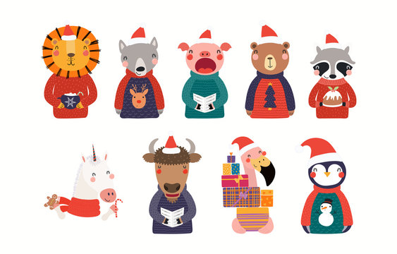 Big Christmas set with cute animals in Santa Claus hats, ugly sweaters. Isolated objects on white background. Hand drawn vector illustration. Scandinavian style flat design. Concept for children print