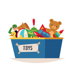 Storage box with colorful kids toys flat cartoon vector illustration isolated.