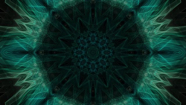 Abstract symmetric kaleidoscopic pattern evolves then fades to black