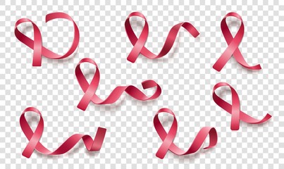 Set of pink curly ribbons and loops realistic style