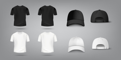 T shirt and baseball cap mockup set in black and white color - obrazy, fototapety, plakaty