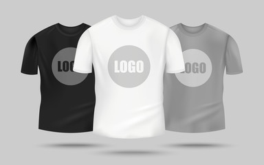 Men's t-shirt mockup set in black, white and grey color with logo template