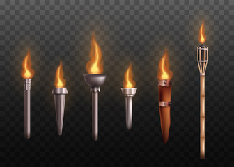 Realistic medieval torch set with burning fire, ancient metal and wooden torches - obrazy, fototapety, plakaty