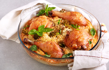 Chicken legs, rice, carrot and broccoli