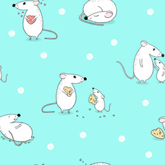 Seamless pattern with mice. Funny mouse with a heart, sleeping, with cheese and a mother with a child.