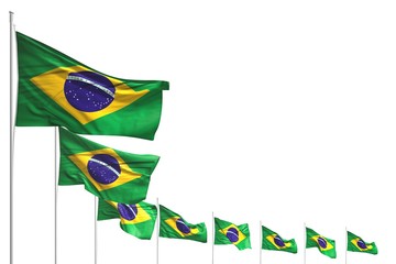 beautiful celebration flag 3d illustration. - many Brazil flags placed diagonal isolated on white with space for your content