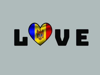  Moldova National flag inside Big heart and lettering LOVE. Original color and proportion. vector illustration, world countries from set. Isolated on white background