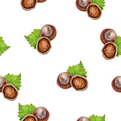 Hazelnut hand drawn watercolor illustration. Seamless pattern.