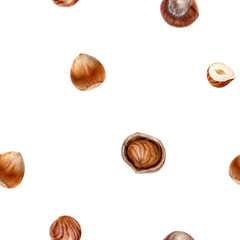 Hazelnut hand drawn watercolor illustration. Seamless pattern.