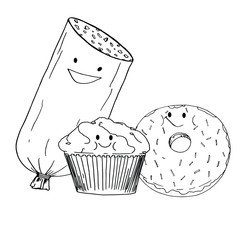 Graphic image of a company of a funny products of sausage,cake and donut