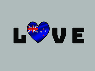 New Zealand  National flag inside Big heart and lettering LOVE. Original color and proportion. vector illustration, world countries from set. Isolated on white background