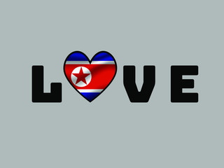 North Korea  National flag inside Big heart and lettering LOVE. Original color and proportion. vector illustration, world countries from set. Isolated on white background