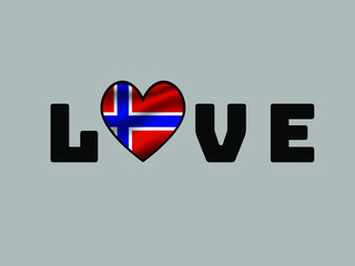Norway National flag inside Big heart and lettering LOVE. Original color and proportion. vector illustration, world countries from set. Isolated on white background