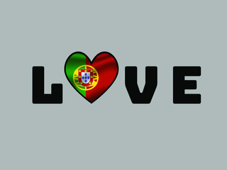 Portugal National flag inside Big heart and lettering LOVE. Original color and proportion. vector illustration, world countries from set. Isolated on white background