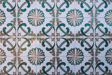 Azulejo is a form of Portuguese or Spanish painted, tin-glazed, ceramic tile work. Azulejos is traditional Portugese tiles in Aveiro. Architecture ornament. Aveiro, Portugal.