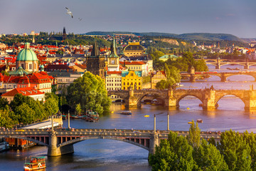 Old Town pier architecture and Charles Bridge over Vltava river in Prague with seagulls, Czech...