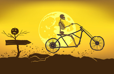 The skeleton rides a motorcycle frame on a bad road to the Halloween.