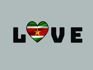 Suriname National flag inside Big heart and lettering LOVE. Original color and proportion. vector illustration, world countries from set. Isolated on white background