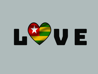 Togo National flag inside Big heart and lettering LOVE. Original color and proportion. vector illustration, world countries from set. Isolated on white background