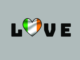 Ireland National flag inside Big heart and lettering LOVE. Original color and proportion. vector illustration, world countries from set. Isolated on white background