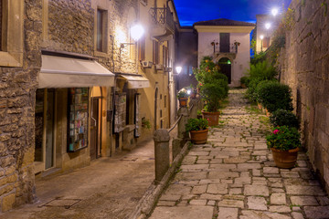 Republic San Marino. Old street at sunset.