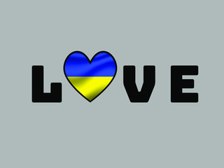 Ukraine National flag inside Big heart and lettering LOVE. Original color and proportion. vector illustration, world countries from set. Isolated on white background