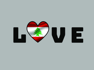 Lebanon National flag inside Big heart and lettering LOVE. Original color and proportion. vector illustration, world countries from set. Isolated on white background
