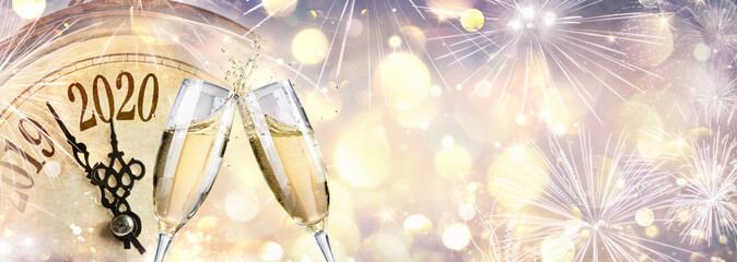 New Year 2020 - Countdown And Toast With Champagne And Clock - obrazy, fototapety, plakaty