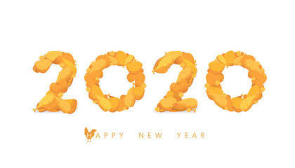 Vector Happy New Year 2020  text design with fried chicken concept isolated on white background.